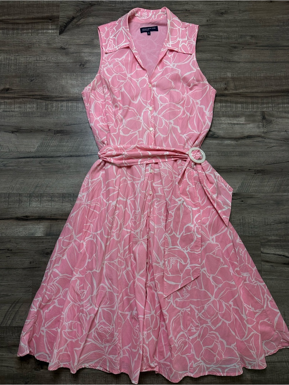 Jones New York Pink Floral Midi Shirt Dress Sleeveless Garden Brunch Cotton 14